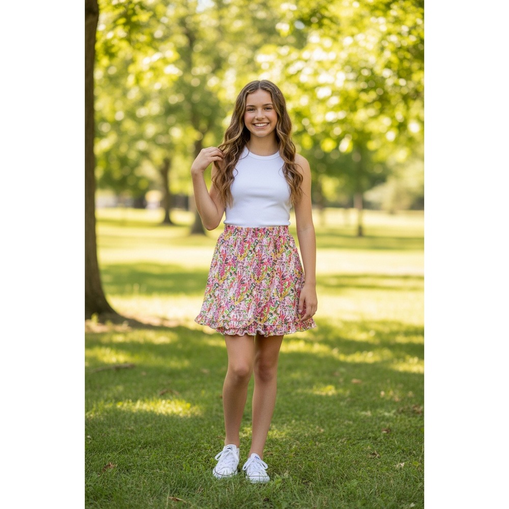 Floral Ruffle Skort Pink Yellow Cotton Elastic Waist Shorts Skirt XXL 11-12Y